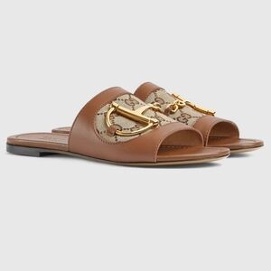 $920 Gucci Alfa Gold Horsebit Brown GG Canvas Leather Sandals US 8 EU 38 BNIB